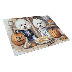 DAC1739LCB 15 x 12 in. Unisex Bichon Frise Fall Kitchen Pumpkins Glass Cutting Board - Large