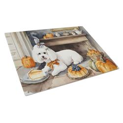DAC1740LCB 15 x 12 in. Unisex Bichon Frise Fall Kitchen Pumpkins Glass Cutting Board - Large