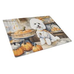 DAC1741LCB 15 x 12 in. Unisex Bichon Frise Fall Kitchen Pumpkins Glass Cutting Board - Large