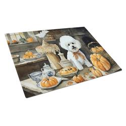 DAC1742LCB 15 x 12 in. Unisex Bichon Frise Fall Kitchen Pumpkins Glass Cutting Board - Large
