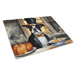 DAC1747LCB 15 x 12 in. Unisex Boston Terrier Fall Kitchen Pumpkins Glass Cutting Board - Large