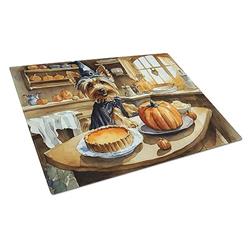 DAC1818LCB 15 x 12 in. Unisex Silky Terrier Fall Kitchen Pumpkins Glass Cutting Board - Large