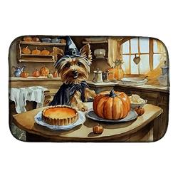 21 x 14 in. Unisex Silky Terrier Fall Kitchen Pumpkins Dish Drying Mat