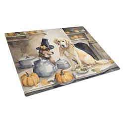 DAC1792LCB 15 x 12 in. Unisex Yellow Lab Fall Kitchen Pumpkins Glass Cutting Board - Large