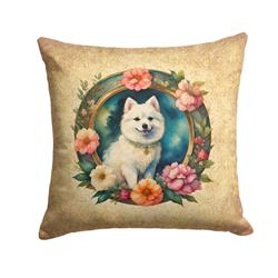 14 x 14 in. Unisex Japanese Spitz & Flowers Fabric Decorative Pillow