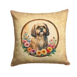 14 x 14 in. Unisex Lhasa Apso & Flowers Fabric Decorative Pillow