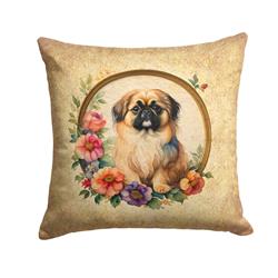 14 x 14 in. Unisex Pekingese & Flowers Fabric Decorative Pillow