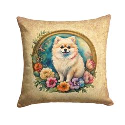 14 x 14 in. Unisex Pomeranian & Flowers Fabric Decorative Pillow