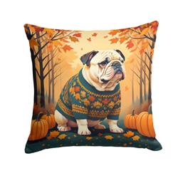 18 x 18 in. Unisex White English Bulldog Fall Fabric Decorative Pillow