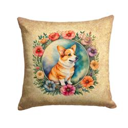 14 x 14 in. Unisex Corgi & Flowers Fabric Decorative Pillow