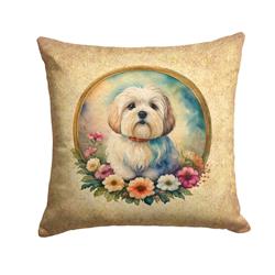 14 x 14 in. Unisex Coton De Tulear & Flowers Fabric Decorative Pillow