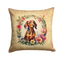 14 x 14 in. Unisex Dachshund & Flowers Fabric Decorative Pillow