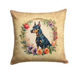 14 x 14 in. Unisex Doberman Pinscher & Flowers Fabric Decorative Pillow