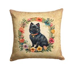 14 x 14 in. Unisex German Spitz & Flowers Fabric Decorative Pillow