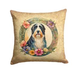 14 x 14 in. Unisex Bearded Collie & Flowers Fabric Decorative Pillow