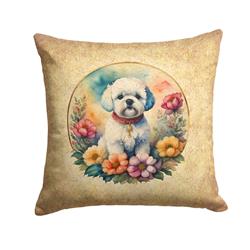 14 x 14 in. Unisex Bichon Frise & Flowers Fabric Decorative Pillow