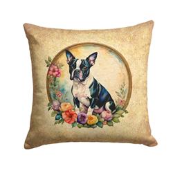 14 x 14 in. Unisex Boston Terrier & Flowers Fabric Decorative Pillow