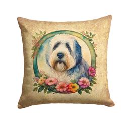 DAC2179PW1818 18 x 18 in. Unisex Old English Sheepdog & Flowers Fabric Decorative Pillow
