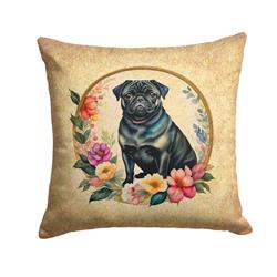18 x 18 in. Unisex Black Pug & Flowers Fabric Decorative Pillow