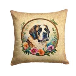 18 x 18 in. Unisex Saint Bernard & Flowers Fabric Decorative Pillow