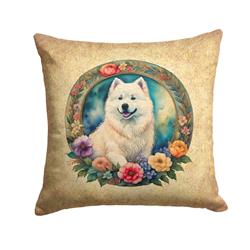 18 x 18 in. Unisex Samoyed & Flowers Fabric Decorative Pillow