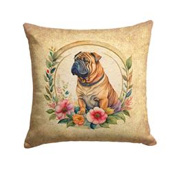 18 x 18 in. Unisex Shar Pei & Flowers Fabric Decorative Pillow