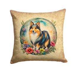 18 x 18 in. Unisex Sheltie & Flowers Fabric Decorative Pillow