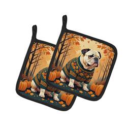 DAC1030PTHD 7.5 x 7.5 in. Unisex White English Bulldog Fall Pair of Pot Holders