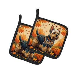 7.5 x 7.5 in. Unisex Silky Terrier Fall Pair of Pot Holders