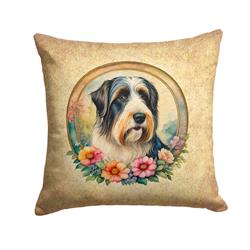 18 x 18 in. Unisex Bearded Collie & Flowers Fabric Decorative Pillow