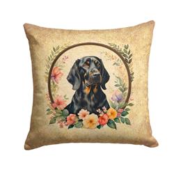 18 x 18 in. Unisex Black & Tan Coonhound & Flowers Fabric Decorative Pillow
