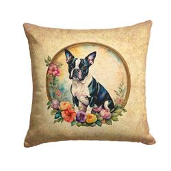 18 x 18 in. Unisex Boston Terrier & Flowers Fabric Decorative Pillow
