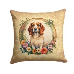 18 x 18 in. Unisex Brittany Spaniel & Flowers Fabric Decorative Pillow