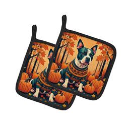 7.5 x 7.5 in. Unisex Pit Bull Terrier Fall Pair of Pot Holders