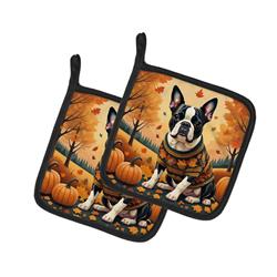 7.5 x 7.5 in. Unisex Boston Terrier Fall Pair of Pot Holders