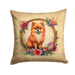 14 x 14 in. Unisex Pomeranian & Flowers Fabric Decorative Pillow