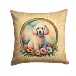 14 x 14 in. Unisex White Poodle & Flowers Fabric Decorative Pillow