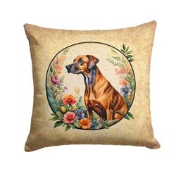 14 x 14 in. Unisex Rhodesian Ridgeback & Flowers Fabric Decorative Pillow