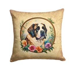 14 x 14 in. Unisex Saint Bernard & Flowers Fabric Decorative Pillow