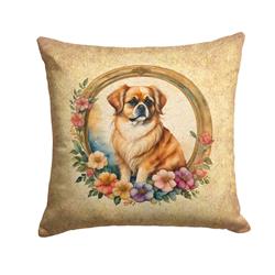 14 x 14 in. Unisex Tibetan Spaniel & Flowers Fabric Decorative Pillow