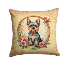 14 x 14 in. Unisex Yorkshire Terrier & Flowers Fabric Decorative Pillow