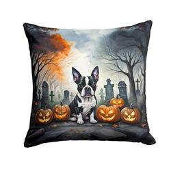 14 x 14 in. Unisex Boston Terrier Spooky Halloween Fabric Decorative Pillow