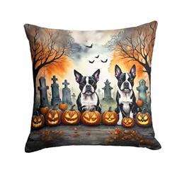 14 x 14 in. Unisex Boston Terrier Spooky Halloween Fabric Decorative Pillow