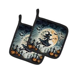 DAC2219PTHD 0.3 x 7.5 x 7.5 in. Flying Witch Spooky Halloween Pot Holders, Set of 2