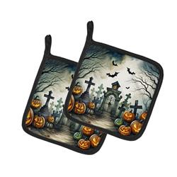 0.3 x 7.5 x 7.5 in. Graveyard Spooky Halloween Pot Holders, Set of 2