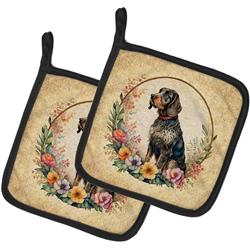 DAC2143PTHD 0.3 x 7.5 x 7.5 in. German Wirehaired Pointer & Flowers Pot Holders, Set of 2