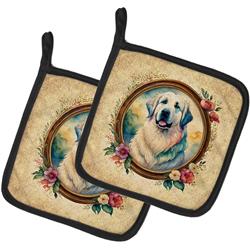 0.3 x 7.5 x 7.5 in. Great Pyrenees & Flowers Pot Holders, Set of 2