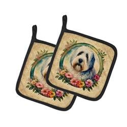 DAC2179PTHD 0.3 x 7.5 x 7.5 in. Old English Sheepdog & Flowers Pot Holders, Set of 2
