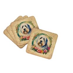 DAC2179FC 0.15 x 3.5 x 3.5 in. Old English Sheepdog & Flowers Foam Coasters - Set of 4