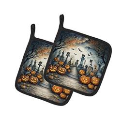 DAC2271PTHD 0.3 x 7.5 x 7.5 in. Cat Cemetery Spooky Halloween Pair of Pot Holders